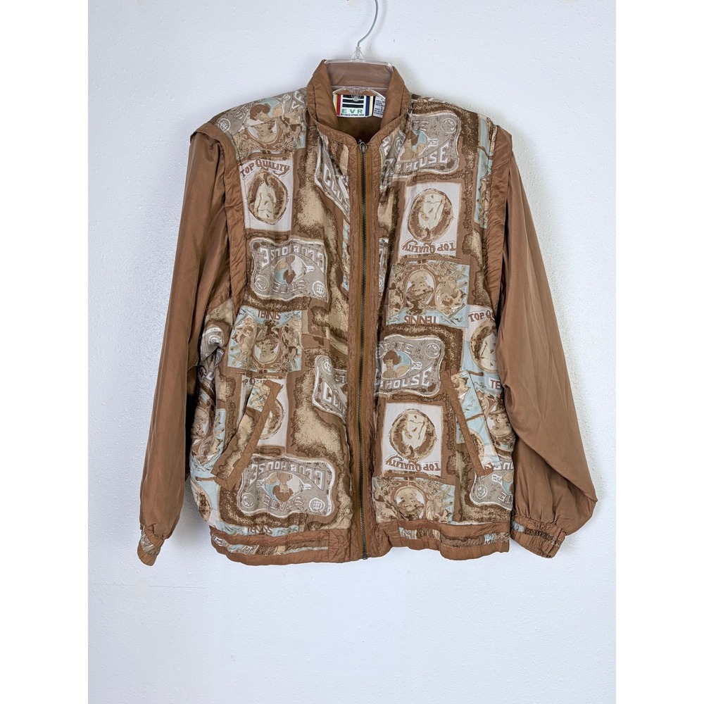 Vintage Silk Bomber Jacket EVR Brown Tennis Print Country Club Prep Tenniscore L